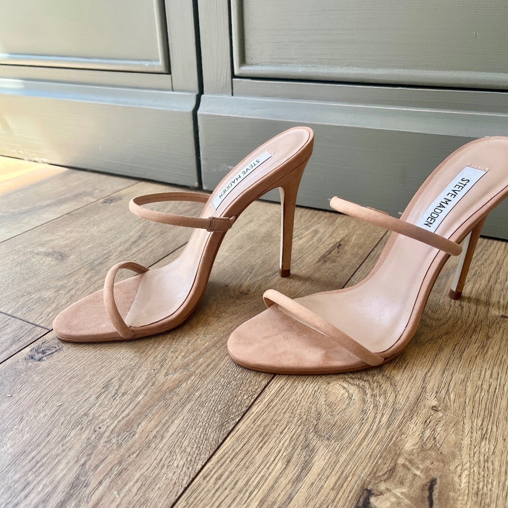 Steve Madden Nude Suede Minimalist High Heel Skinny Strap Sandal, Size 6
